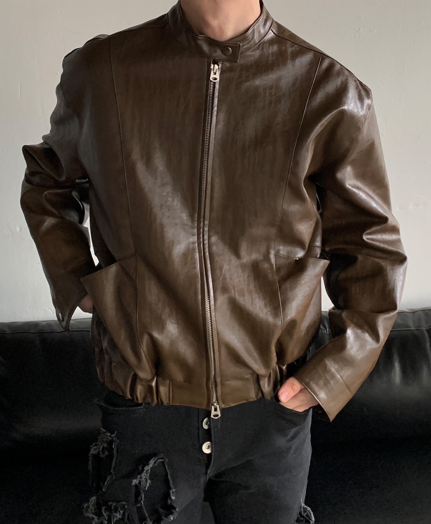 Snap Leather Jumper (Brown)